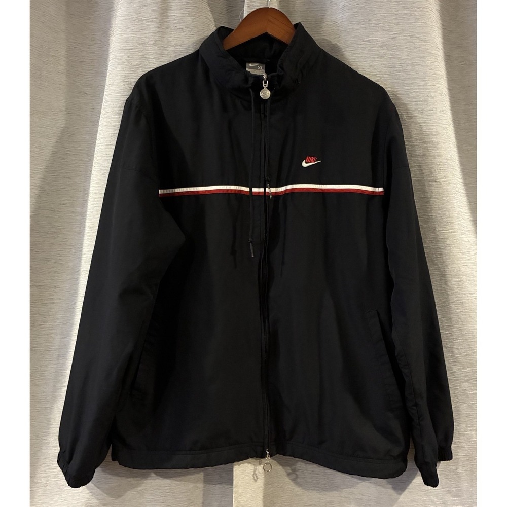 VTG Y2K Nike Track Jacket Mens XL Black Hooded Windbreaker Swoosh Logo Gray‎ Tag